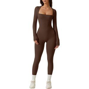 Women Brown Sexy Square Neck Long Sleeve Full Length Leggings Bodycon Jumpsuit
